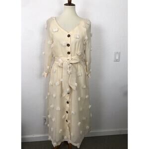 Listicle Melena Semi Sheer Pom Pom Belted Midi Shirt Dress